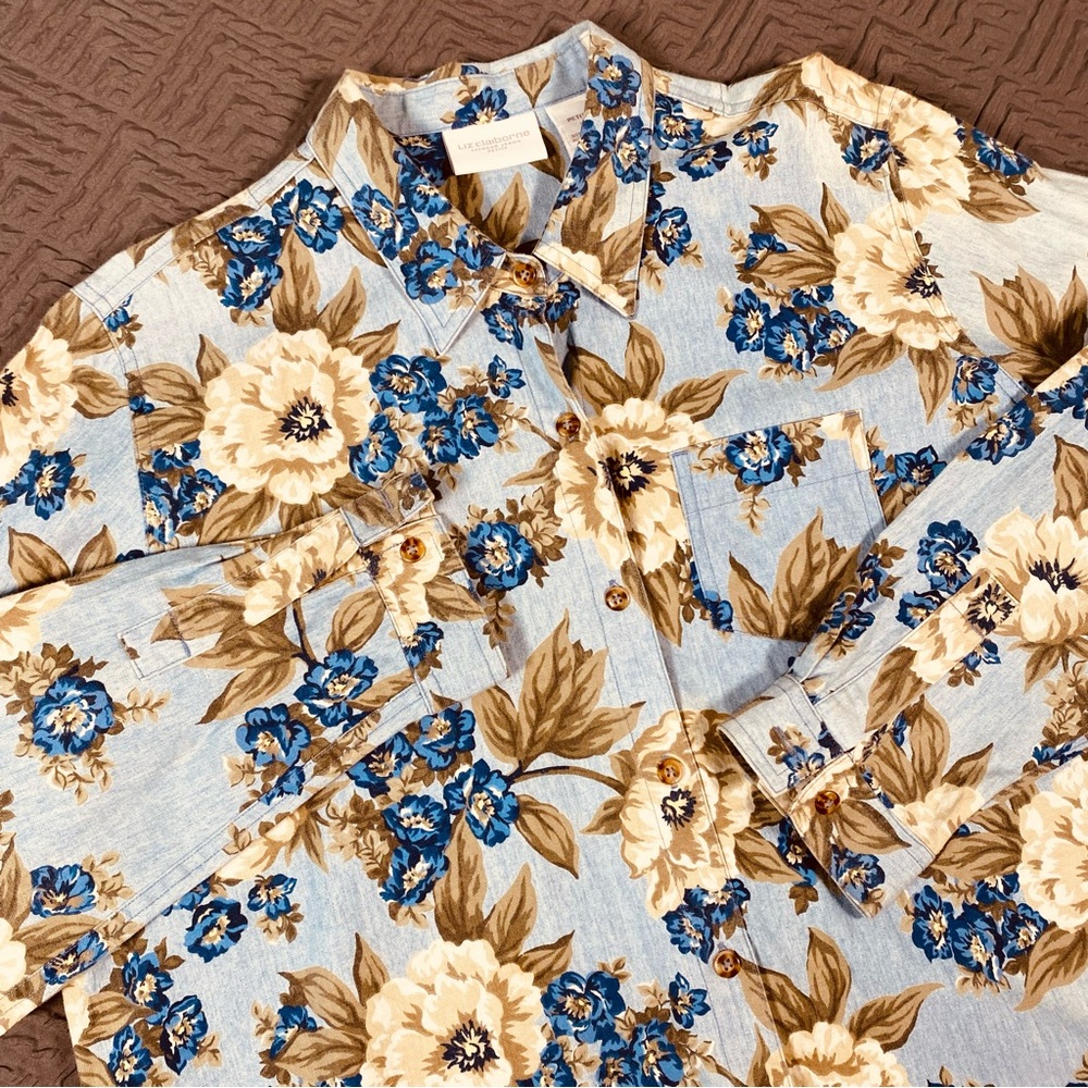 Liz Claiborne Blue Floral Cotton Blouse Size LP Large Petite EUC